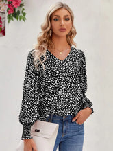 Printed V-Neck Lantern Sleeve Blouse Black Woman Blouses
