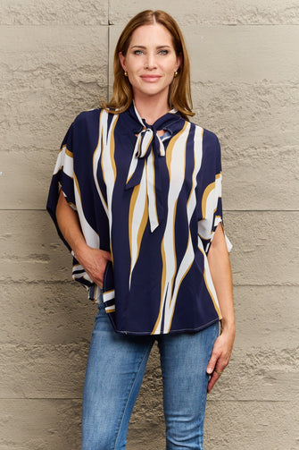 Perfee Tie Neck Printed Slit Sleeve Blouse Multicolor Woman Blouses
