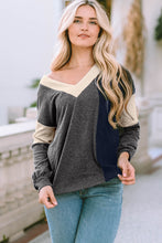 V Neck Color Block Top Dark Gray Woman Blouses