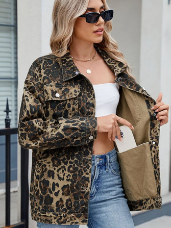 Pocketed Leopard Long Sleeve Denim Jacket Leopard