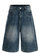 Men's Pearl Embellished Wide Leg Denim Shorts Blue