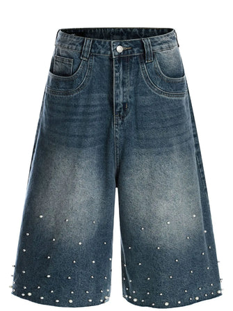 Men's Pearl Embellished Wide Leg Denim Shorts Blue