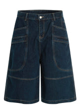 Men's Wide-Leg Denim Shorts with Contrast Stitching Blue
