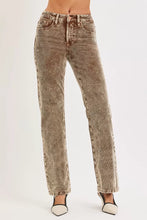 Risen tummy control mid rise straight leg corduroy pants in faded beige with subtle distressing and frayed hems