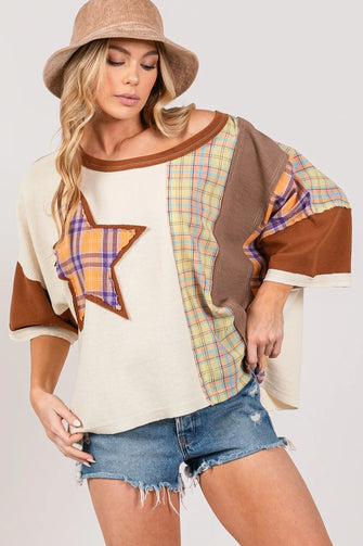 SAGE + FIG Full Size Round Neck Plaid Star Patch T-Shirt Plus Size Mocha