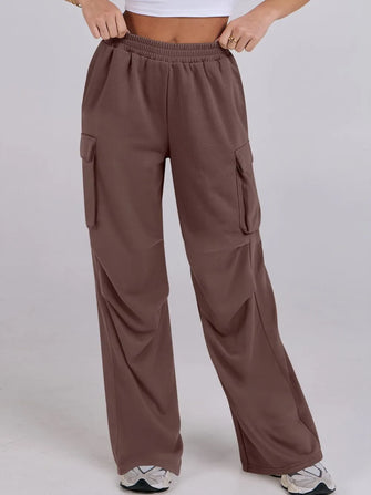 Elastic Waist Wide Leg Pants with Pockets Dark Brown