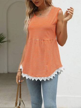 Lace Trim Sleeveless Babydoll Tank Top Orange