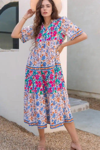 Mixed Floral Print Tie Neck Short Sleeve Dress Floral Casual Dresses