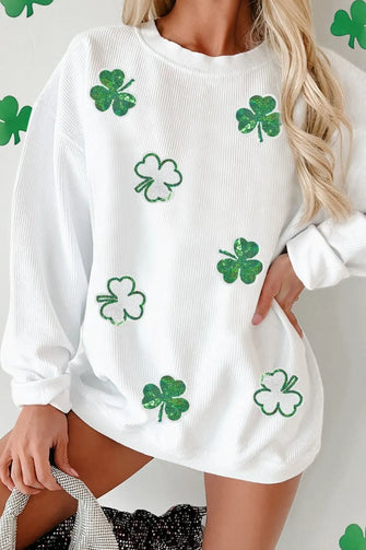 Sequin Lucky Clover Round Neck Long Sleeve Sweatshirt White Woman Sweatshirts