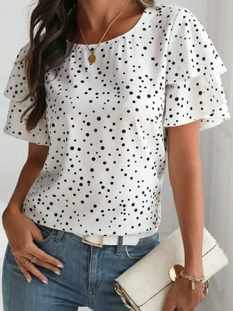 Polka Dot Layered Ruffled Short Sleeve Blouse White Woman Shirt