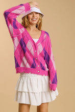 Umgee Full Size Argyle Pattern V-Neck Button Front Cardigan Plus Size Hot Pink
