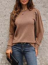 Perfee Ribbed Round Neck Long Sleeve T-Shirt Brown