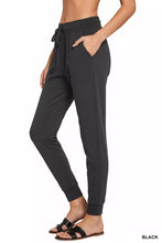 Black zenana drawstring cotton joggers with pockets featuring a drawstring waistband and side pockets