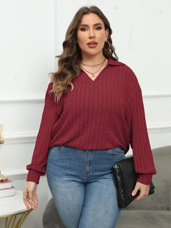 Plus Size Ribbed Collared Neck Long Sleeve Blouse Brick Red Woman Blouses