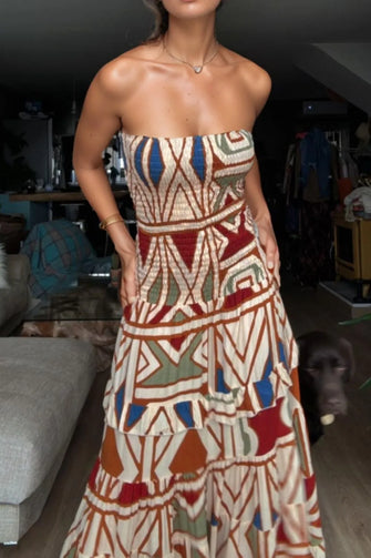 Smocked Printed Tube Dress Camel