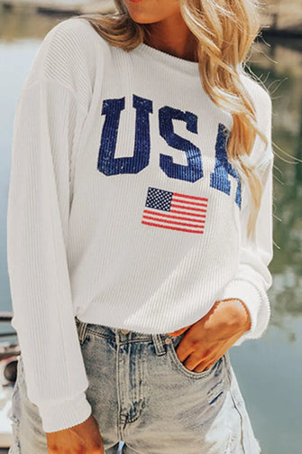 US Flag Corded Long Sleeve Sweatshirt White
