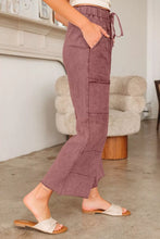 Mauve suede wash wide leg pants with elastic waistband drawstring and care instructions for wide leg fit