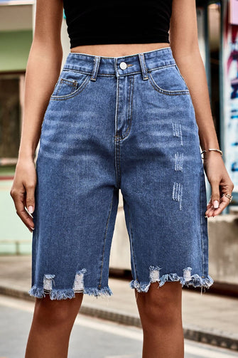 Raw Hem High Waist Denim Shorts with Pockets Medium