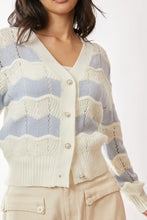 Wave-striped pattern balloon sleeves neckline cardigan in blue and cream