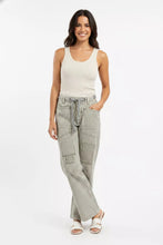 BiBi drawstring striped twill barrel pants in soft beige and gray with patch pockets and a drawstring waistband