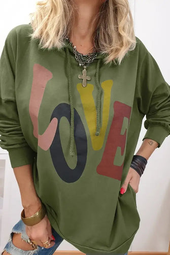 LOVE Drawstring Dropped Shoulder Hoodie Matcha Green Woman Sweatshirts