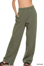 Olive-colored wide-leg zenana fleece sweatpants with elastic waistband and side pockets for comfortable wear