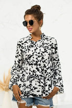 Printed Flare Sleeve Tie Neck Ruffle Trim Blouse Woman Blouses
