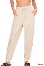 Beige zenana drawstring scuba sweatpants with pockets and drawstring waistband in soft scuba material