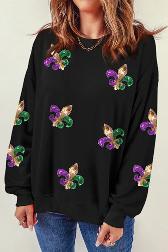 Sequin Round Neck Dropped Shoulder Sweatshirt Black Woman Sweatshirts
