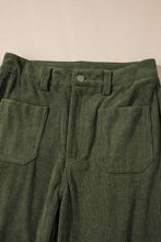 Olive green high waist square pockets corduroy pants with button closure and two front pockets