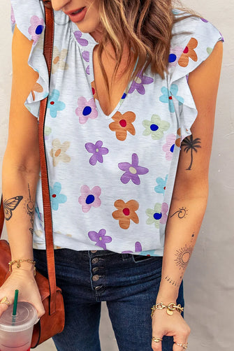 Printed Notched Cap Sleeve T-Shirt White