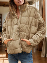 Pocketed Plaid Quilted Zip Up Winter Coat Camel Woman Outerwear