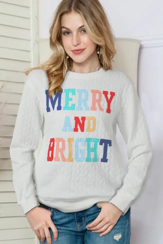 Full Size MERRY AND BRIGHT Cable Knit Pullover Sweatshirt White Woman Sweatshirts