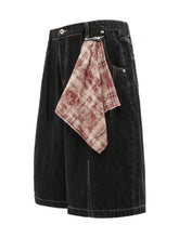 Men's Wide-Leg Denim Shorts with Plaid Accent