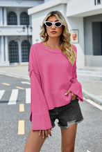 High-Low Slit Round Neck Long Sleeve Sweater Hot Pink