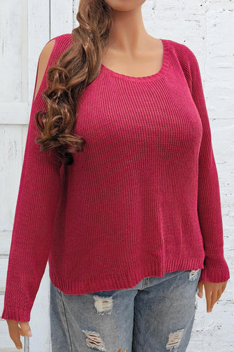 Plus Size Cold Shoulder Round Neck Sweater Deep Red