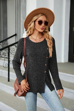 Buttoned Long Sleeve Slit Top Black Woman Blouses
