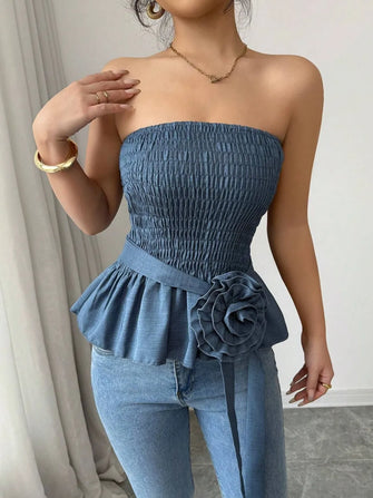 Flower Smocked Tube Top Peacock Blue