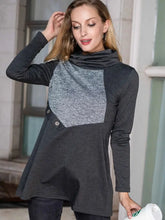 Shiny Two-Tone Funnel Neck Long Sleeve Top Dark Gray Woman Blouses
