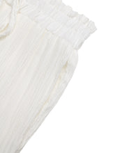 White lightweight cotton lace trim wide leg pants with a gathered waistband for comfortable stylish wear