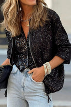 Sequin Zip Up Long Sleeve Jacket Black Woman Outerwear