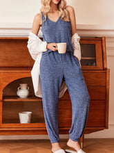 Ribbed Knit V-Neck Tank and Pants Lounge Set Royal Blue