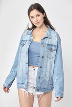 RISEN Full Size Distressed Long Sleeve Denim Jacket Plus Size Light