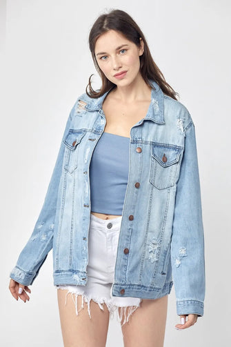 RISEN Full Size Distressed Long Sleeve Denim Jacket Plus Size Light