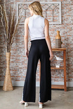 Heimish full size solid damask casual black wide-leg trousers with high waist and white lace trim on cuffs