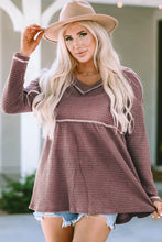 V-Neck Dropped Shoulder Long Sleeve T-Shirt Pink Purple