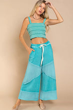 Turquoise patchwork pol elastic waistband wide leg pants with drawstring elastic waistband and elasticized cuffs