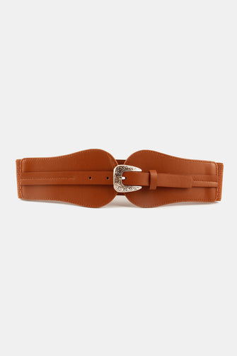 Wide Elastic Belt with Alloy Buckle Caramel One Size