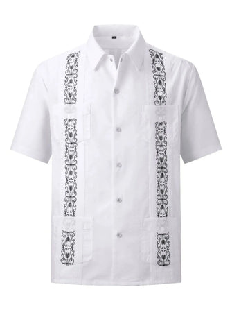 Men's Full Size Classic Embroidered Cuban Collar Shirt Plus Size White