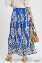 Umgee border print wide leg pants in blue cerulean with intricate white and gold paisley pattern design
